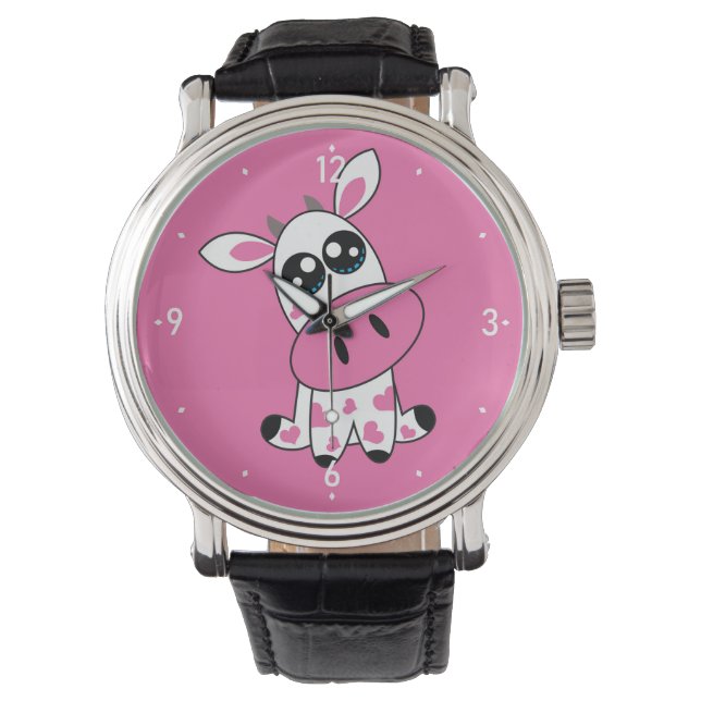 Montre Vache mignonne fraise souriante face rose (devant)