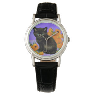Montre Van Gogh Kitten noir avec des tournesols