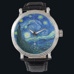 Montre Van Gogh nuit étoilée<br><div class="desc">Le célèbre tableau de Van Gogh, "La nuit étoilée". Peint lors de son séjour à l'asile de Saint Rémy dans les années 1880, van Gogh dépeignait les collines ondulantes et les cyprès qu'il voyait depuis sa fenêtre. numériquement amélioré par PixDezines. Copyright © 2008-2016 PixDezines.com™ et PixDezines™ sur zazzle.com. Tous droits...</div>