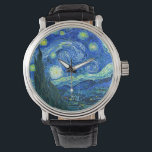 Montre Van Gogh nuit étoilée<br><div class="desc">Le célèbre tableau de Van Gogh, "La nuit étoilée". Peint lors de son séjour à l'asile de Saint Rémy dans les années 1880, van Gogh dépeignait les collines ondulantes et les cyprès qu'il voyait depuis sa fenêtre. numériquement amélioré par PixDezines. Copyright © 2008-2016 PixDezines.com™ et PixDezines™ sur zazzle.com. Tous droits...</div>