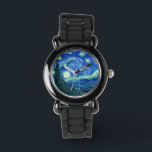 Montre Van Gogh nuit étoilée<br><div class="desc">Le célèbre tableau de Van Gogh, "La nuit étoilée". Peint lors de son séjour à l'asile de Saint Rémy dans les années 1880, van Gogh dépeignait les collines ondulantes et les cyprès qu'il voyait depuis sa fenêtre. numériquement amélioré par PixDezines. Copyright © 2008-2016 PixDezines.com™ et PixDezines™ sur zazzle.com. Tous droits...</div>