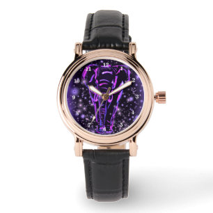 Montre Veille d'éléphant dans une nuit étoilée rose viole