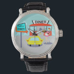 Montre Veille du dîner des années 1950<br><div class="desc">Servez quelque chose de spécial avec cette Diner Watch des années 50. Le dessin animé est composé d'un bâtiment en brique rouge avec des fenêtres bleues, de portes doubles grises et d'un panneau blanc qui dit "Diner" perché sur le toit. Dans le parking, un deuxième panneau est sur un poteau....</div>