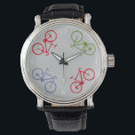 Montre vélo, vélo ; vélo / vélo<br><div class="desc">Design élégant de vélo. Quatre vélos en cercle. Hey biker! ne soyez jamais en retard pour la balade à vélo - vous pouvez le modifier ("customiser" bouton) et changer la couleur arrière - plan</div>