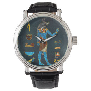 Montre Verre d'or d'Anubis, bleu et rouge égyptien
