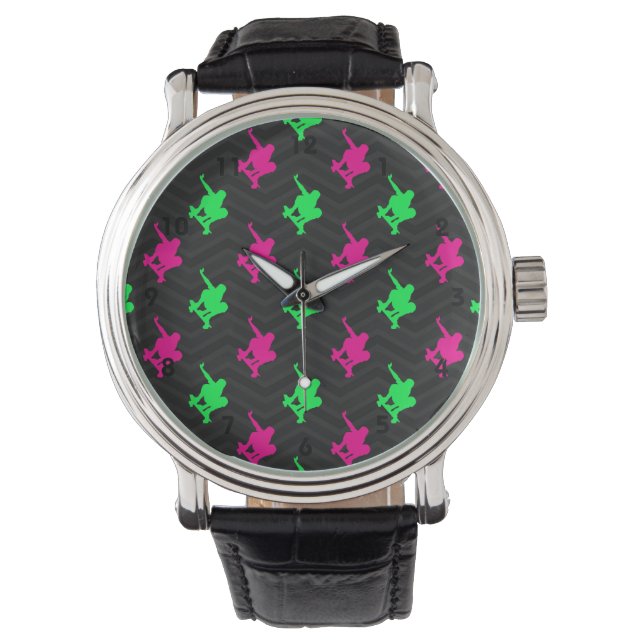 Montre Vert néon, Rose chaud, Patinage, Chevron noir (devant)