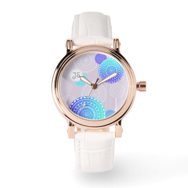Montre Vibrant Aqua Blue Mandala sur Monogramme rose (Recto)