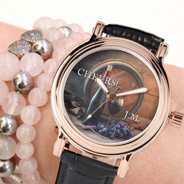 Montre Vieilli à la perfection Belle Vins Cheers (Elegant watch featuring a vintage painting of a fine wine with grapes - aged to perfection birthday)
