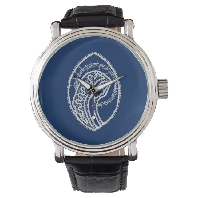 Montre Vierge Marie, dentelle blanche, bleu marine (devant)