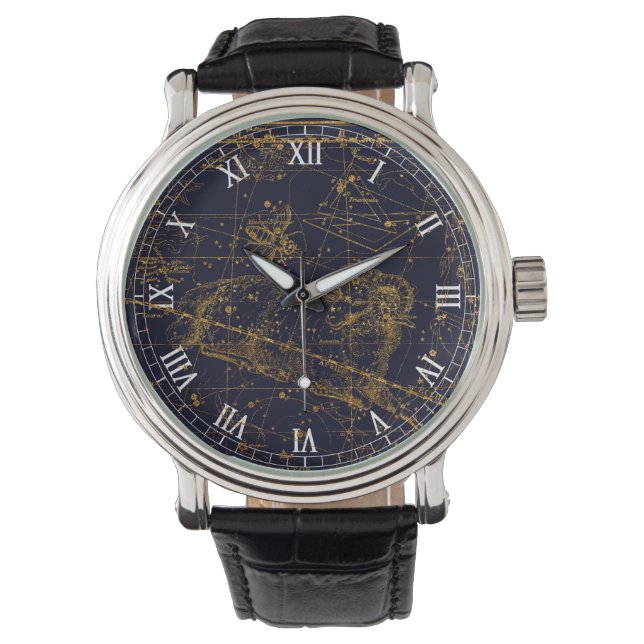 Montre Vintage Blue Gold Aries Zodiac Constellation (devant)