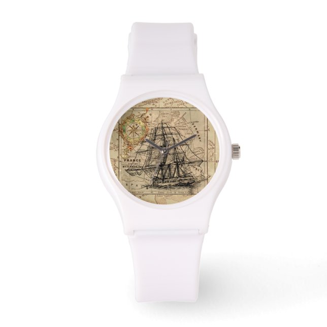 Montre Vintage Sailing Ship and Old European Map (Recto)