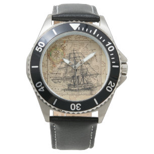 Montre Vintage Sailing Ship and Old European Map