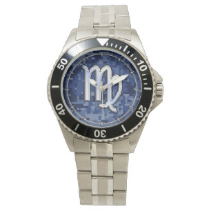 Montre Virgo Zodiac Sign on Marine Blue Digital Camo Deco