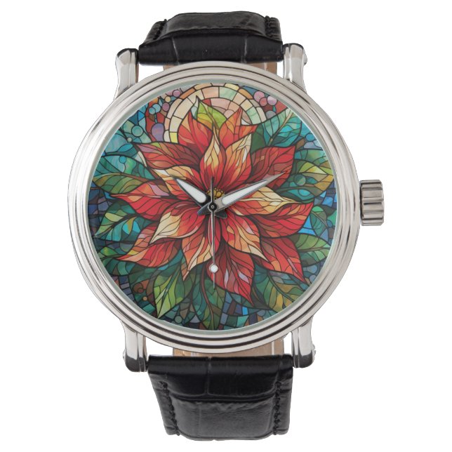 Montre Vitraux de Noël Fleur rouge Poinsettia (devant)