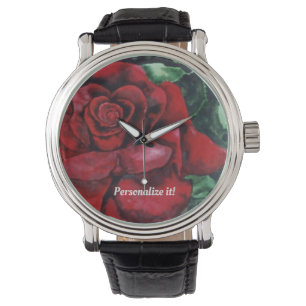 Montre Vivid Rose rouge sur l'arrière - plan vert feuillu