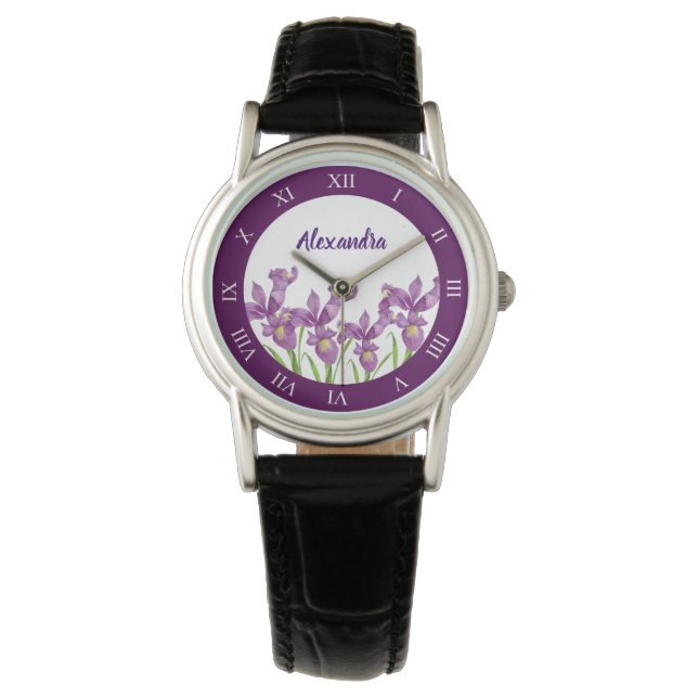 Montre Watercolor Purple Iris Botanical Roman (devant)