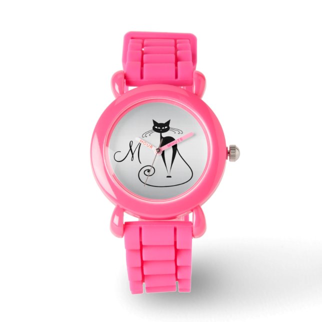 Montre Whimsical Funny chat noir élégant monogramme (Recto)