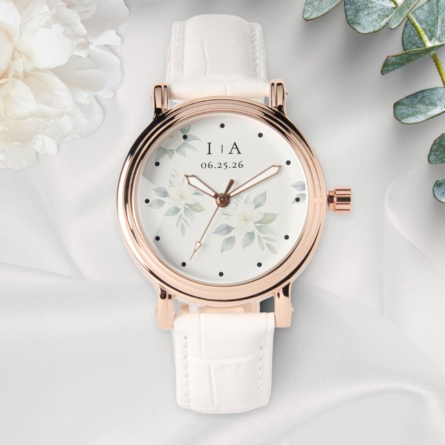 Montre White Flowers Elegant Personalized Couple Names (An elegant watch to personalize with the couple's initials and wedding date)
