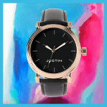 Montre White Name Classy Rose Gold bracelet Black Band Ho<br><div class="desc">Cette élégante montre rose dorée stylisée glam homme's poignet est décorée d'un arrière - plan noir, groupe noir, et personnalisée avec votre nom. Vous pouvez facilement changer le nom et supprimer les marques de tiques blanches si vous le souhaitez. Quel cadeau merveilleux pour un homme, un homme de mariée, un...</div>