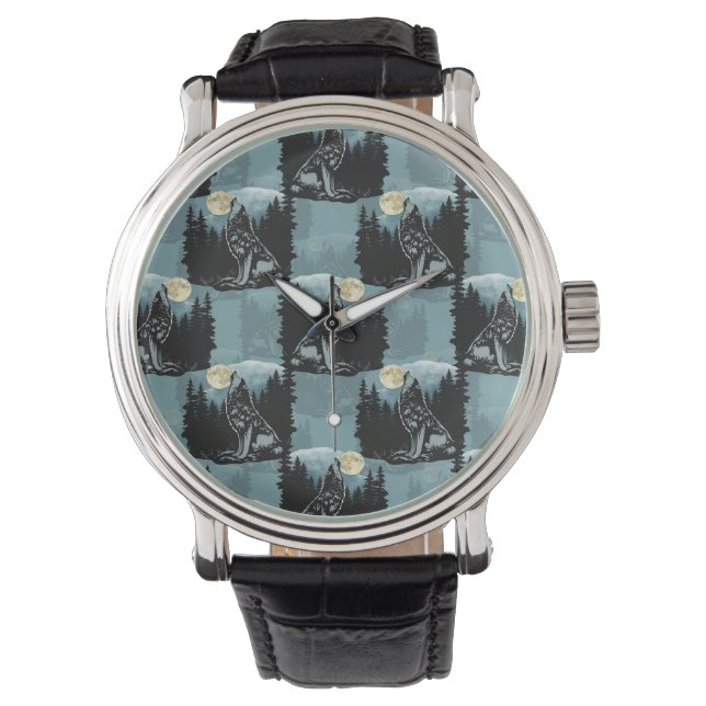 Montre Wolf Howling À Moon Design Motif (devant)