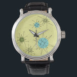 Montre Yellow Iconic Starburts Motif Watch<br><div class="desc">Cette étoile atomique jaune Iconique Motif eWatch Watch présente des étoiles atomiques emblématiques. C'est vrai ! L'ancienne école, de couleur jaune arrière - plan avec des taches d'or est la toile de fond parfaite pour le céleri turquoise, apaisant, et les cercles kitsch vert poire. Les taches de couleur sont sporadiquement...</div>