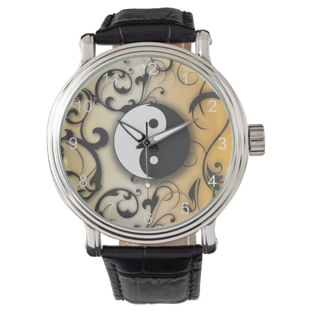 Montre Yin et Yang noirs sur arrière - plan de bronze (devant)