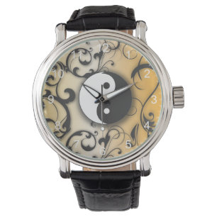 Montre Yin noir et Yang sur l'arrière - plan en bronze
