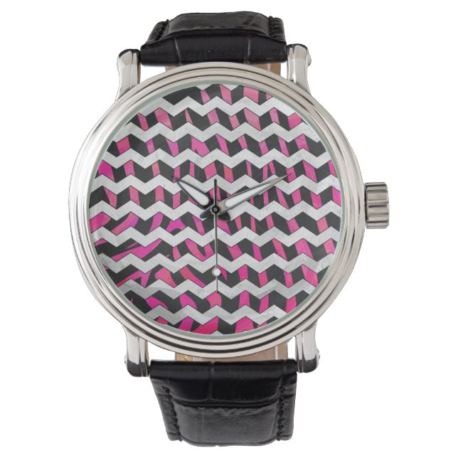 Montre Zebra Chevron noir et rose chaud (devant)