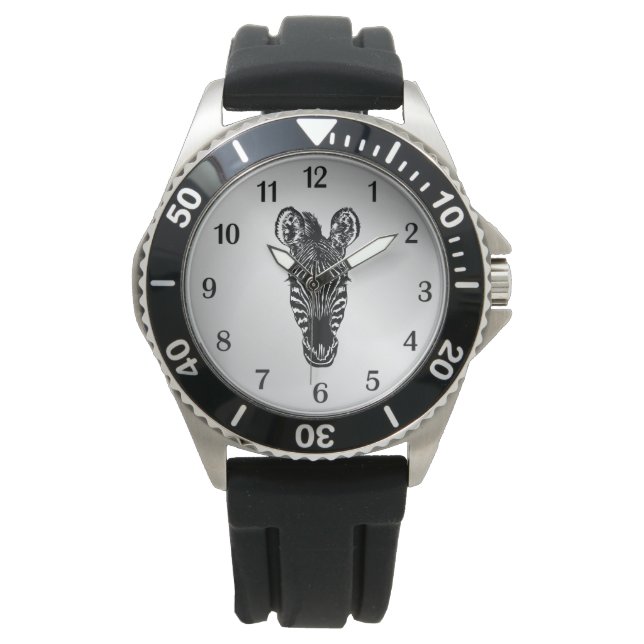 Montre Zebra Head sur les chiffres noirs en argent (devant)