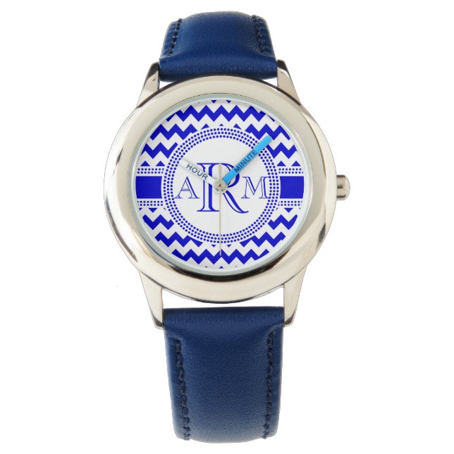 Montre ZigZag bleu et blanc Chevron Monogramme (devant)