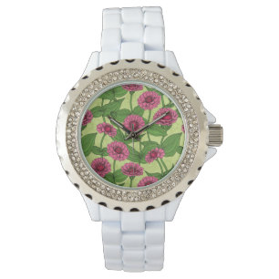 Montre Zinnias rose sur vert clair