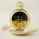 Montres De Poche 21st birthday gold name elegant<br><div class="desc">Élégant, classique, glamour et féminin. Un arc et un ruban de couleur dorée avec parties scintillant dorée et étincelante, un peu de bling et de luxe pour un cadeau d'anniversaire ou un souvenir. Arrière - plan noir. Modèles pour son nom, et l'âge de 21 ans. Le nom est écrit avec...</div>