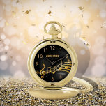 Montres De Poche Faux notes de musique or noir<br><div class="desc">Simple et élégant pour un mélomane ou un musicien ! Arrière - plan noir avec des notes de musique faux or. Modèle pour ton nom,  lettres d'or. Numéros d'horloge dorés.</div>