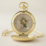Montres De Poche Girly Antique Gold Damask et Roses<br><div class="desc">Jolie grappe de roses roses vintages sur arrière - plan damassé couleur or grungy avec pointillés en option.</div>