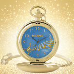 Montres De Poche Gold music notes océan bleu<br><div class="desc">Simple et élégant pour un mélomane ou un musicien ! Océan,  arrière - plan bleu marine avec des notes de musique faux or. Modèle pour ton nom,  lettres d'or. Numéros d'horloge dorés.</div>