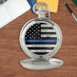 Montres De Poche Ligne Bleue Mince Retraite Personnalisée Police<br><div class="desc">Célébrez et montrez votre reconnaissance à un policier exceptionnel avec cette Retraite de Ligne Bleue Mince ou Montre de Poche de Police Anniversaire - Drapeau américain dans Police Drapeaux couleurs dans un design moderne noir et bleu. Parfait pour les récompenses de service et les cadeaux de retraite de la police....</div>