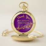 Montres De Poche Notes de musique or de retraite professeur de musi<br><div class="desc">Un cadeau de retraite simple et élégant pour une enseignante de musique féminine! Chic girly et féminin arrière - plan de couleur violet avec des notes de musique fausse or. Modèle pour un nom, et le texte : Merci, lettres d'or. Le Merci est écrit avec un script de style manuel...</div>