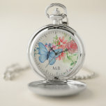 Montres De Poche Papillon d'aquarelle et monogramme élégant de<br><div class="desc">Jolis fleur et papillon art. d'aquarelle.</div>