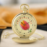 Montres De Poche Typographie de grand-mère simple Orange Tulip Phot<br><div class="desc">Ce visage de montre de poche douce est conçu avec ma photo de gros plan d'une seule tulipe orange avec des pétales à bords jaunes et une explosion de lumière au sommet. La conception comprend des numéros 3D blancs et des anneaux extérieurs d'éléments noirs. Cette conception présente le texte orange...</div>