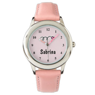 Montres pour enfants avec coeur rose et nom de l'e