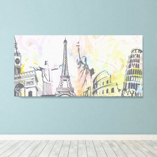 Monumenten van de wereld verpakt canvas print (Insitu (Houten vloer))
