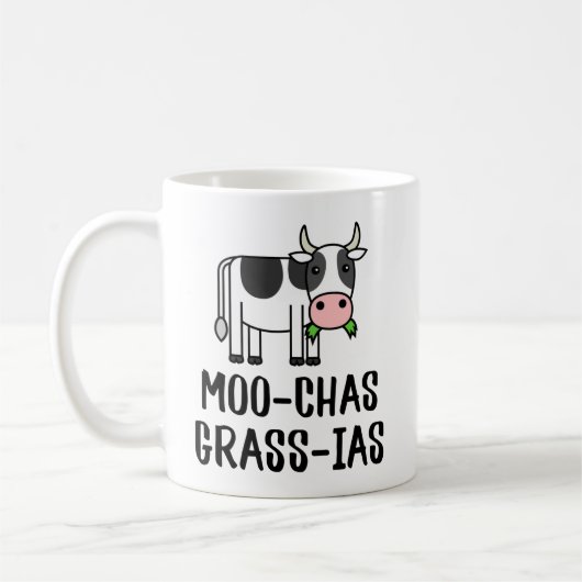 Moo-chas Gras-ias, Muchas Gracias cadeaus Kalf Koe Koffiemok (Links)