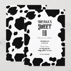 Moo Koe Spots Print Black & White Rustic Sweet 16 Kaart