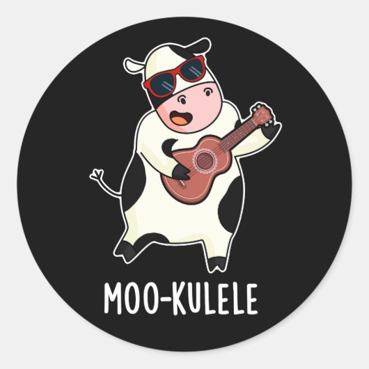 Moo-kulele Funny Ukulele Koe Pun Dark BG Ronde Sticker (Voorkant)