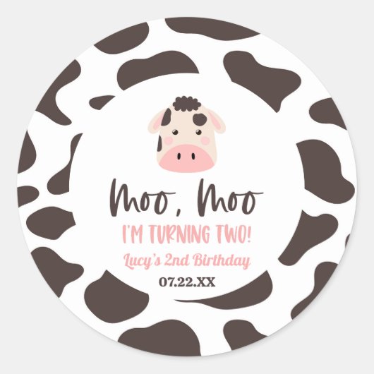 Moo Moo Ik draai twee Koe 2e verjaardagsfeestje Ronde Sticker (Voorkant)