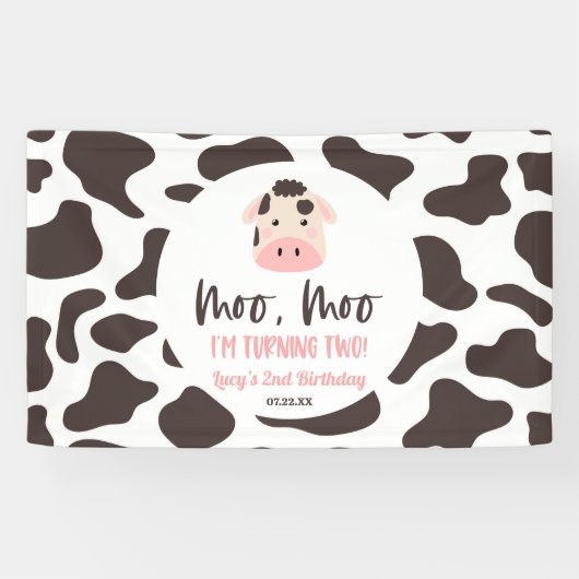 Moo Moo Ik draai twee Koe 2e verjaardagsfeestje Spandoek (Horizontaal)