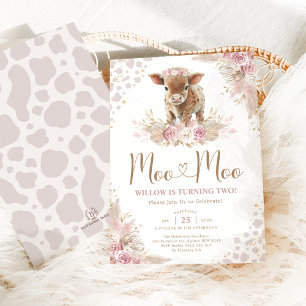Moo Moo Roze Boho Koe Pampas Grass 2e Verjaardag Kaart