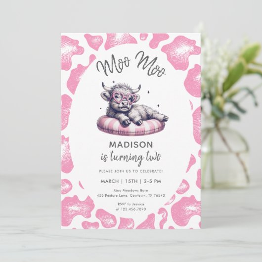 Moo Moo Roze Schattigee Koe Meisje 2e verjaardag Kaart (Staand voorkant)
