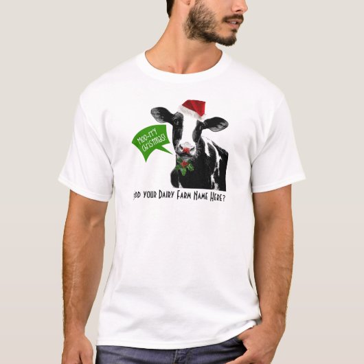 Moo rry Kerstmis! Funny Holiday Cow in Santa Hat T-shirt (Voorkant)