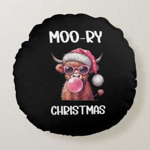 Moo-ry Christmas Schotse Hoogland Koe Rond Kussen